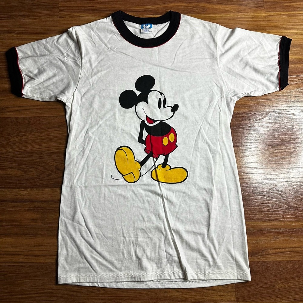 Vintage 80s Walt Disney Mickey Mouse Shirt Mens Medium White Ringer Made in USA - Picture 2 of 8